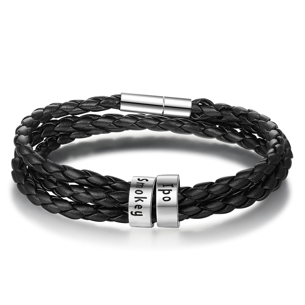 Personalized Mens Braided Genuine Leather Bracelet Stainless Steel Custom Beads Name Charm Bracelet For Men With Family