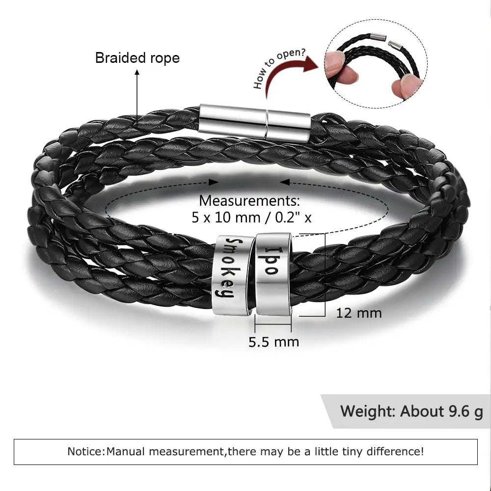 Personalized Mens Braided Genuine Leather Bracelet Stainless Steel Custom Beads Name Charm Bracelet For Men With Family