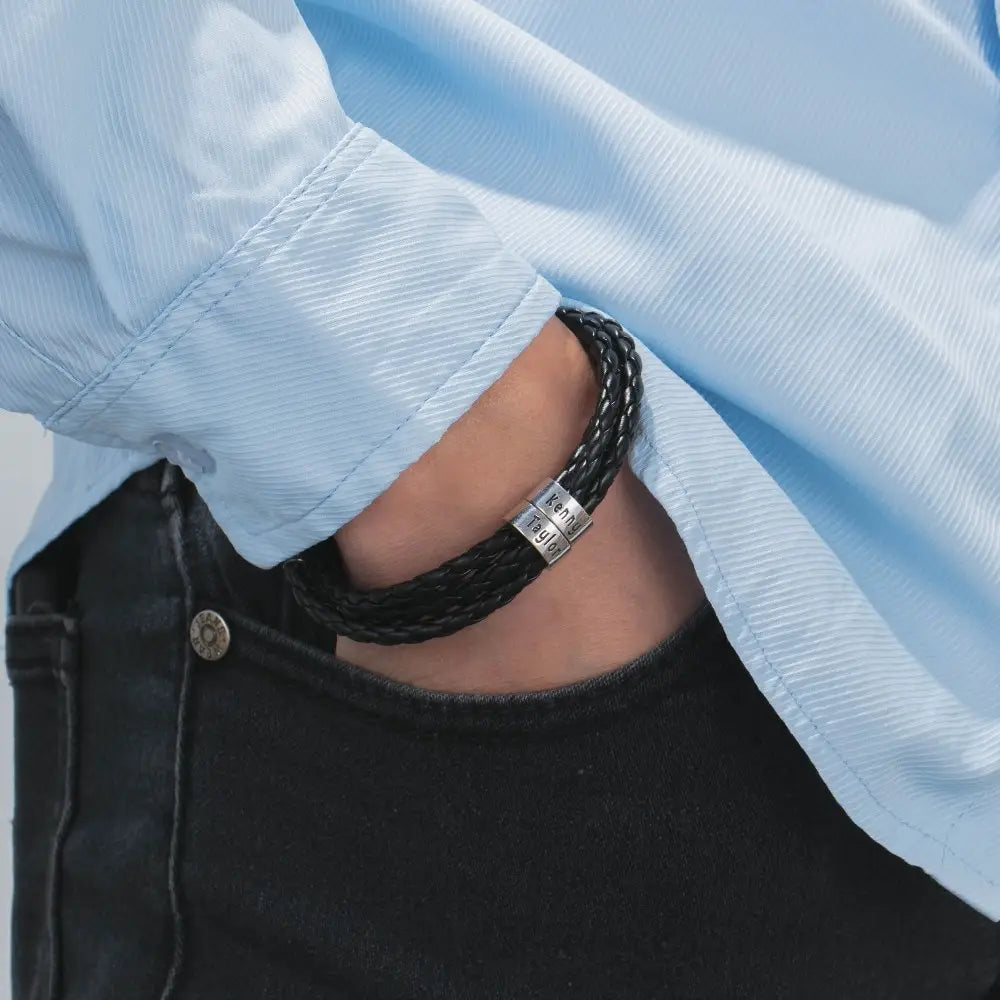 Personalized Mens Braided Genuine Leather Bracelet Stainless Steel Custom Beads Name Charm Bracelet For Men With Family
