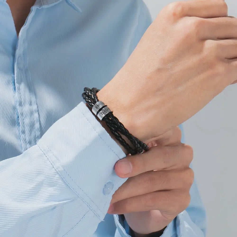 Personalized Mens Braided Genuine Leather Bracelet Stainless Steel Custom Beads Name Charm Bracelet For Men With Family