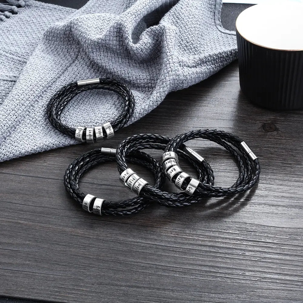 Personalized Mens Braided Genuine Leather Bracelet Stainless Steel Custom Beads Name Charm Bracelet For Men With Family