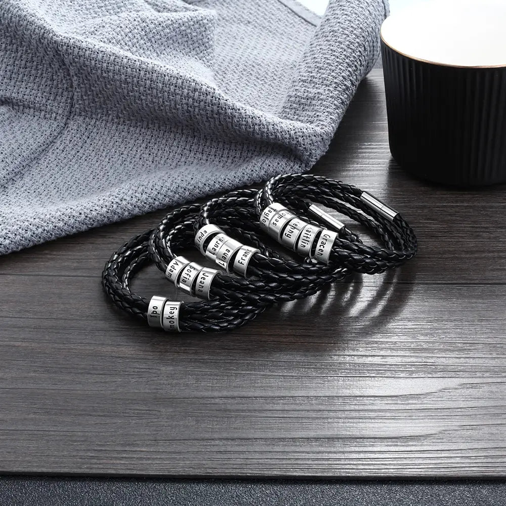 Personalized Mens Braided Genuine Leather Bracelet Stainless Steel Custom Beads Name Charm Bracelet For Men With Family