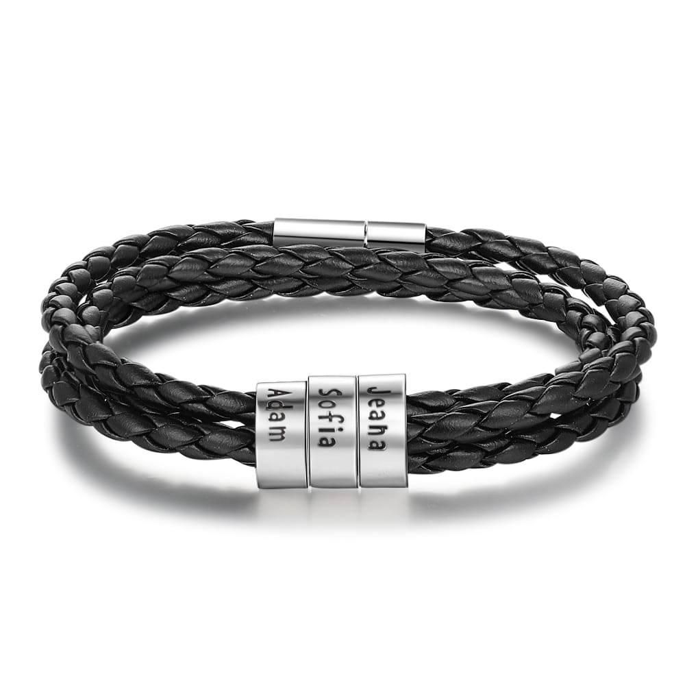 Personalized Mens Braided Genuine Leather Bracelet Stainless Steel Custom Beads Name Charm Bracelet For Men With Family