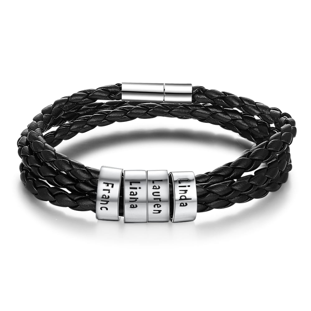 Personalized Mens Braided Genuine Leather Bracelet Stainless Steel Custom Beads Name Charm Bracelet For Men With Family