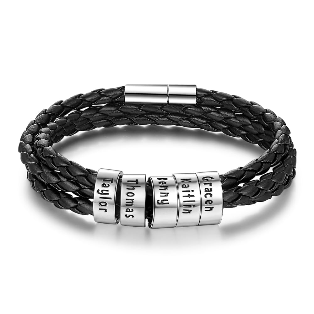 Personalized Mens Braided Genuine Leather Bracelet Stainless Steel Custom Beads Name Charm Bracelet For Men With Family