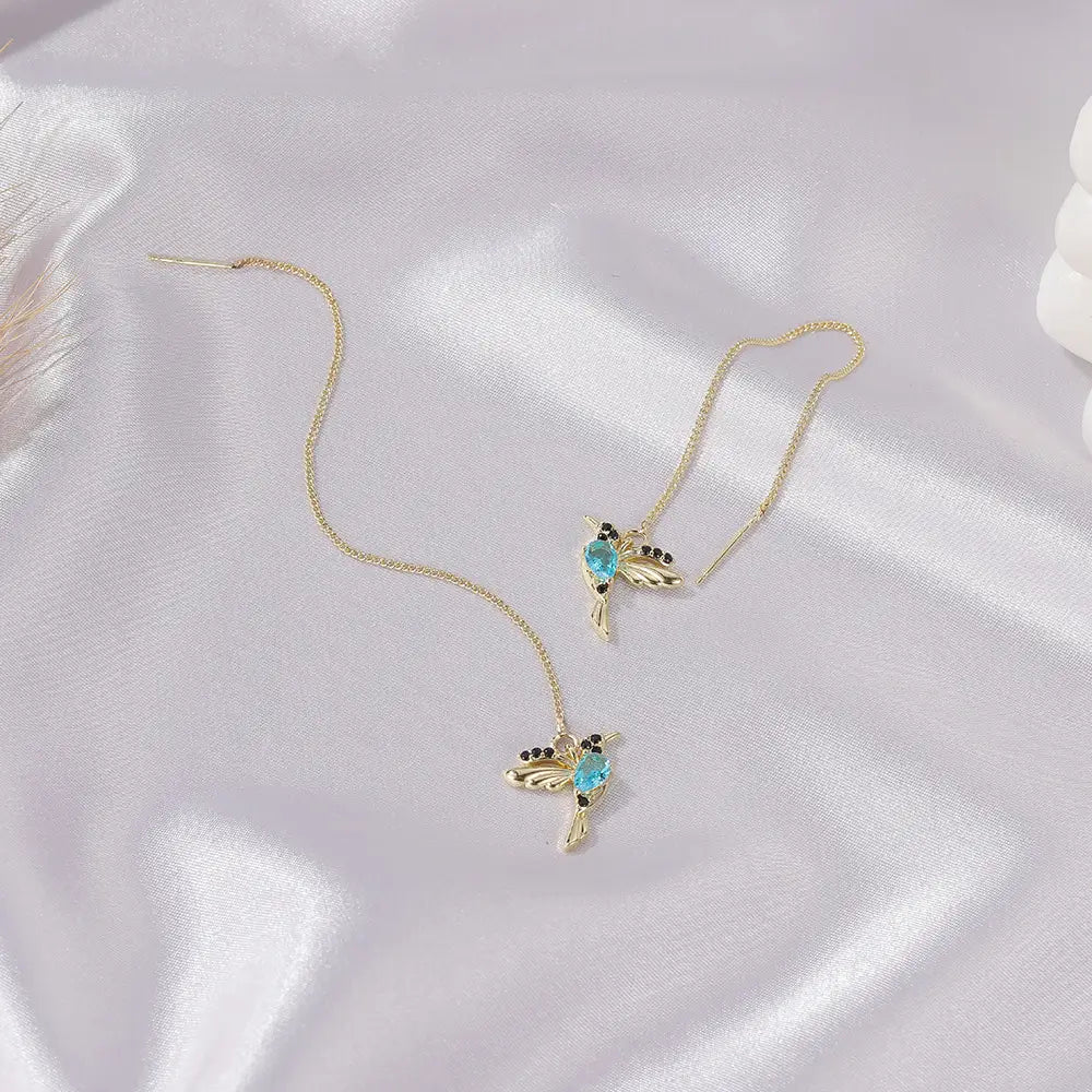 Fashion Jewelry New Unique Little Bird Drop Long Hanging Hummingbird Earrings For Women Elegant Girl Tassel Crystal