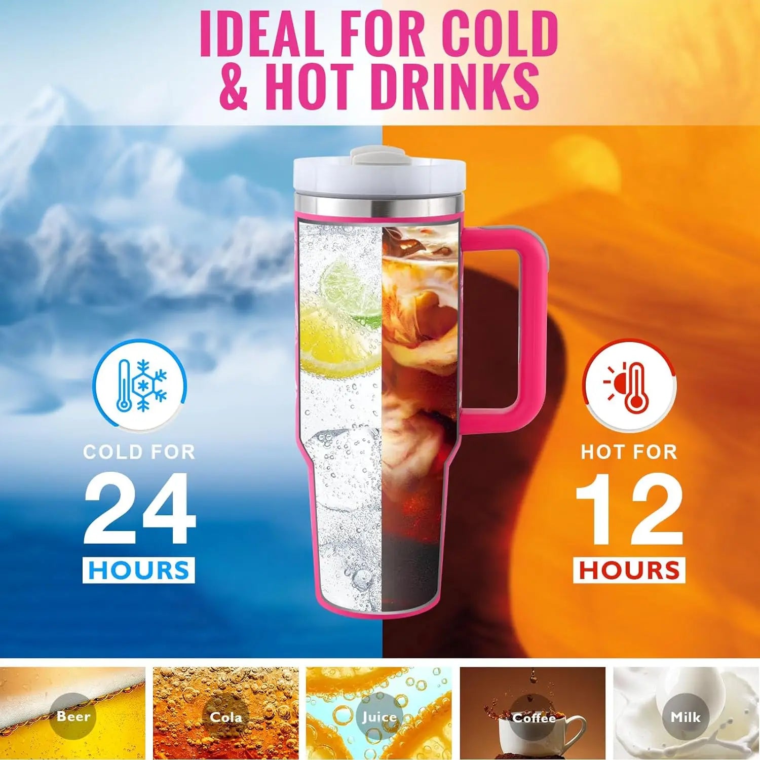Insulated stainless steel tumbler for hot and cold drinks with handle and straw.