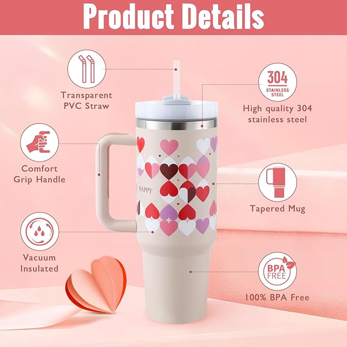Heart-patterned stainless steel tumbler with handle and straw for travel and gift use.