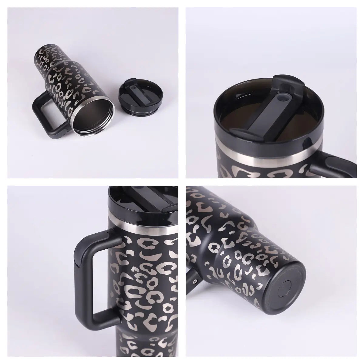 Black and silver leopard print travel mug for coffee, gym, and office use.