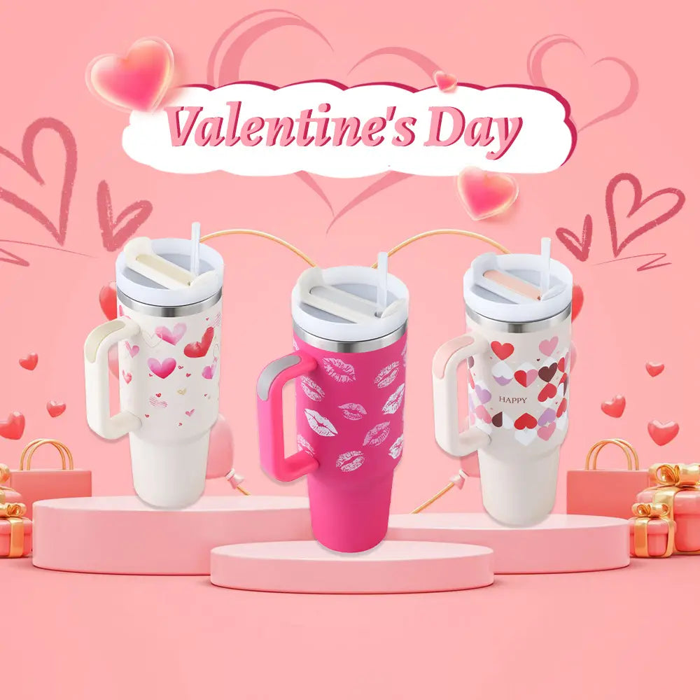 Valentine’s Day themed tumblers, insulated stainless steel mugs with handle and straw.