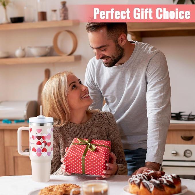 Heart-patterned insulated tumbler for coffee, ideal gift for Valentine’s lovers.