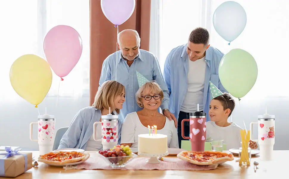 Family celebrating a birthday with a 40 Oz Tumbler, perfect for any occasion.