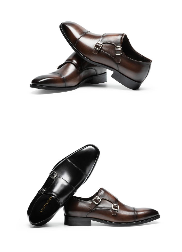 Double Buckle Design First Layer Cowhide Men’s Business Leather Shoes