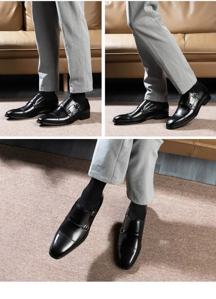 Double Buckle Design First Layer Cowhide Men’s Business Leather Shoes