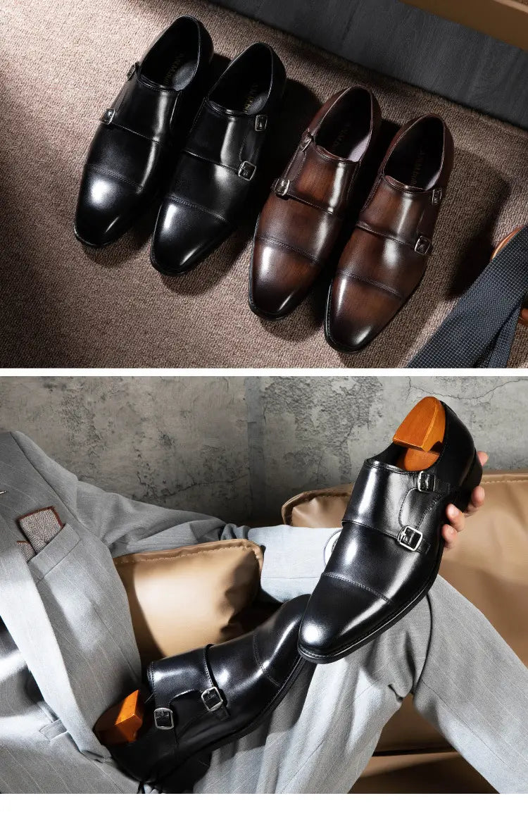 Double Buckle Design First Layer Cowhide Men’s Business Leather Shoes