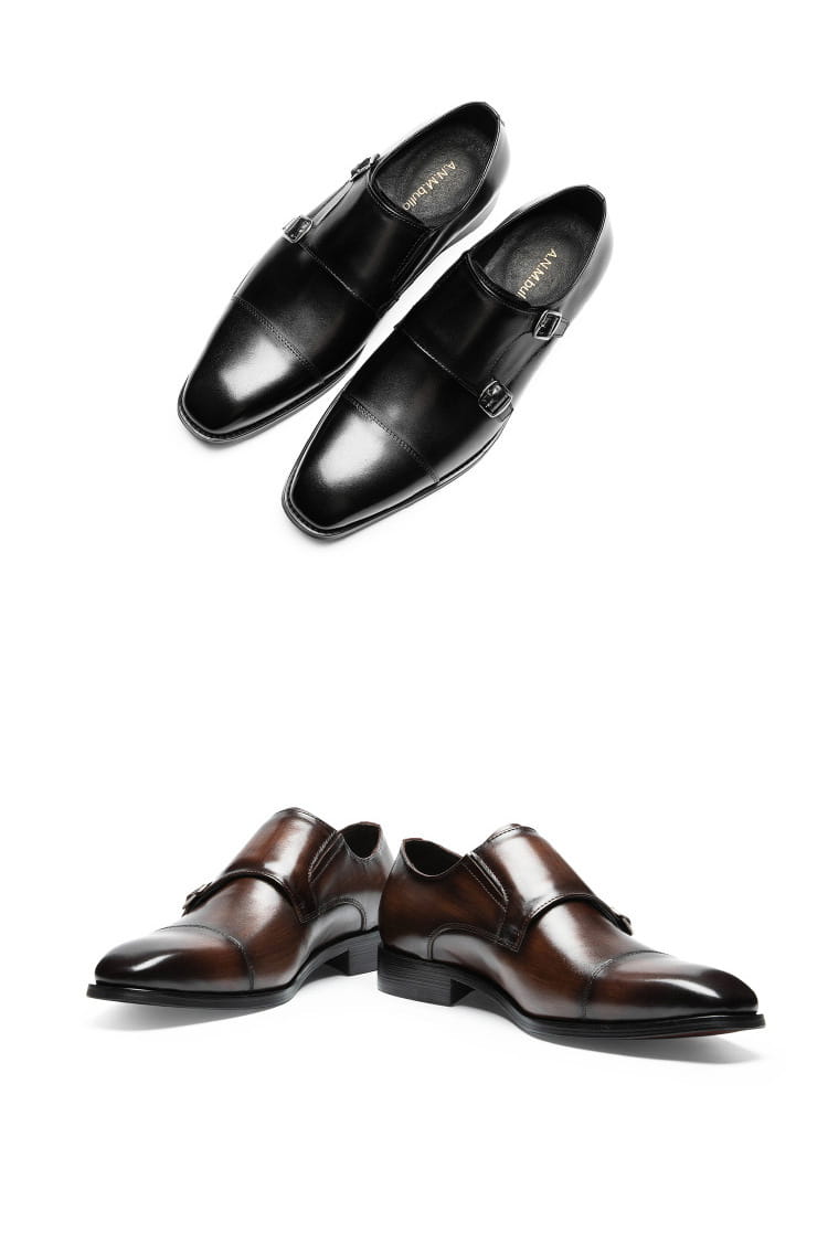Double Buckle Design First Layer Cowhide Men’s Business Leather Shoes