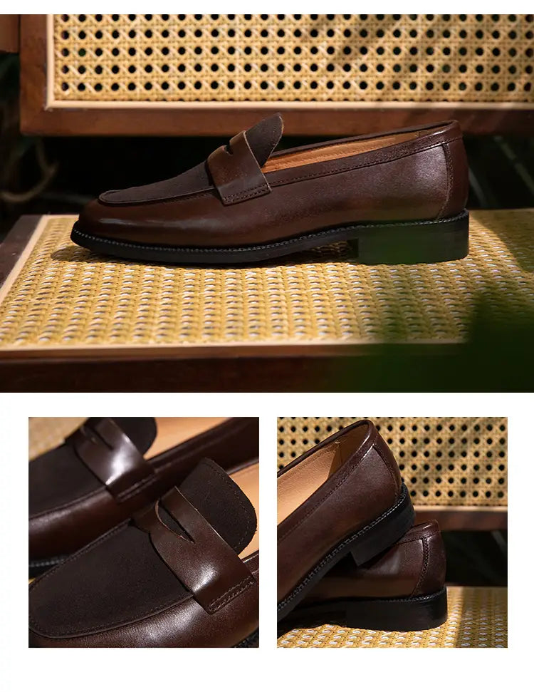 Square Toe Men’s Fashion Leather Color Block Casual Shoes