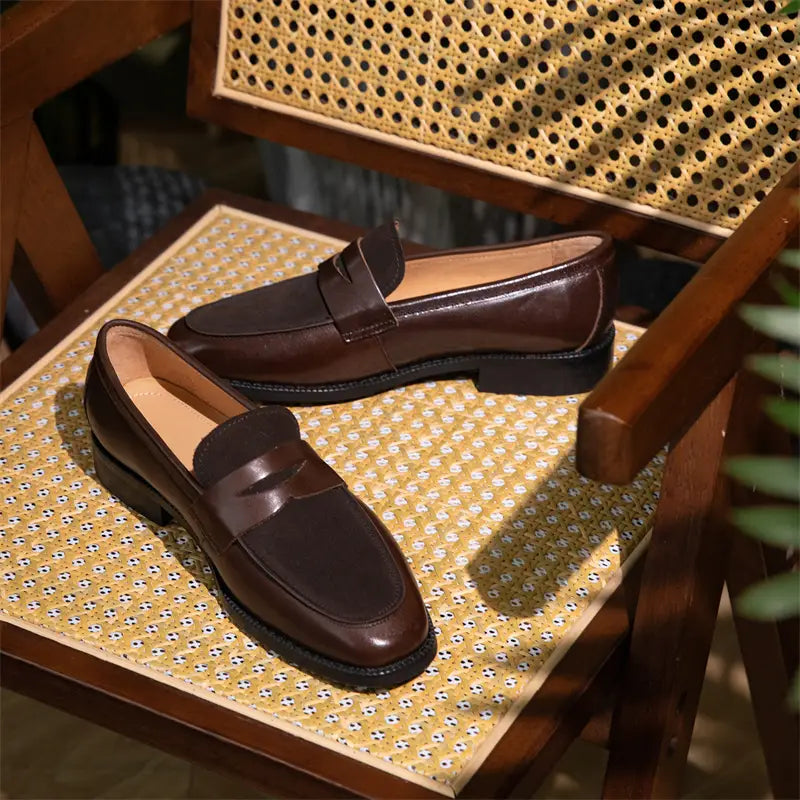 Square Toe Men’s Fashion Leather Color Block Casual Shoes