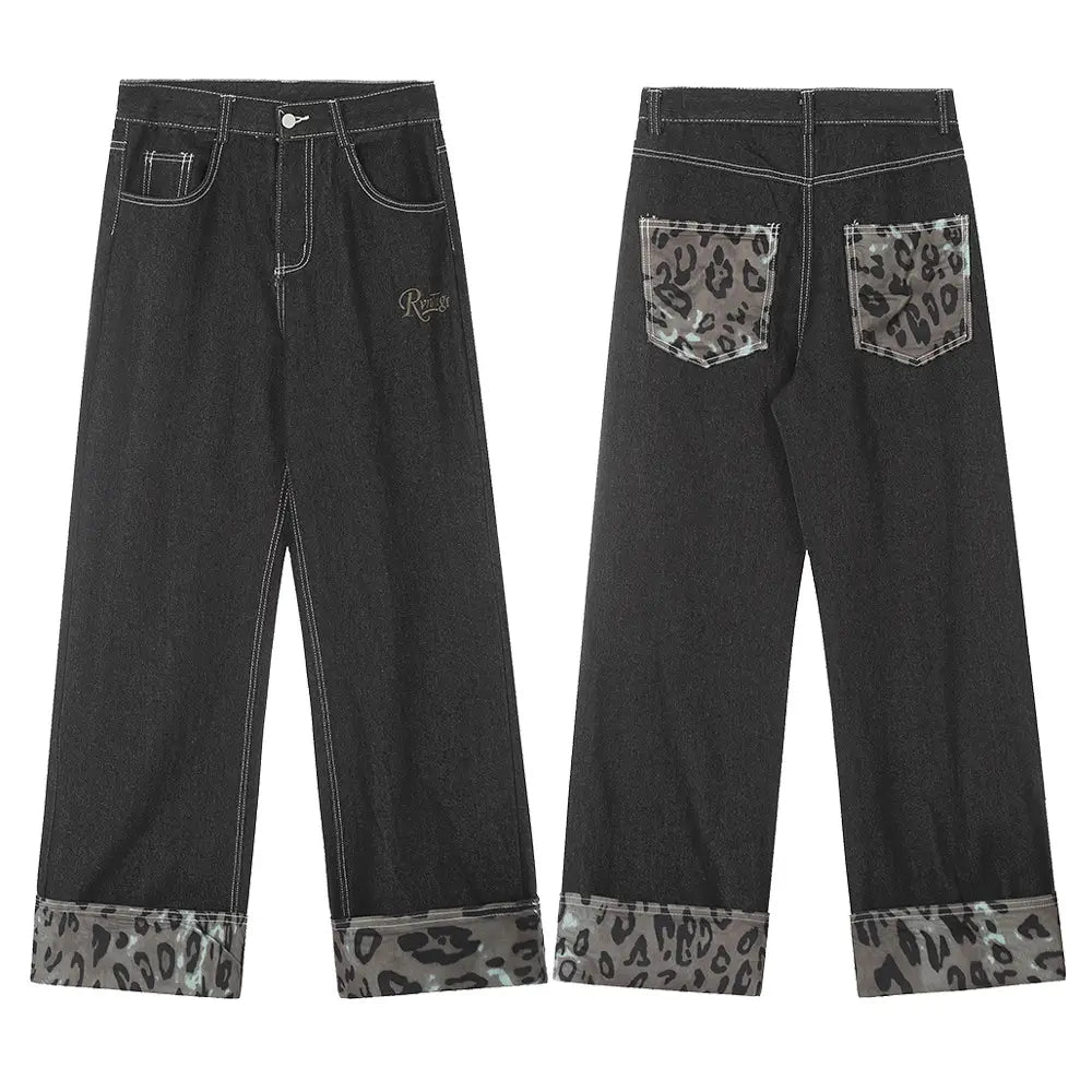 Fashion Stitching Denim Straight-leg Trousers Men