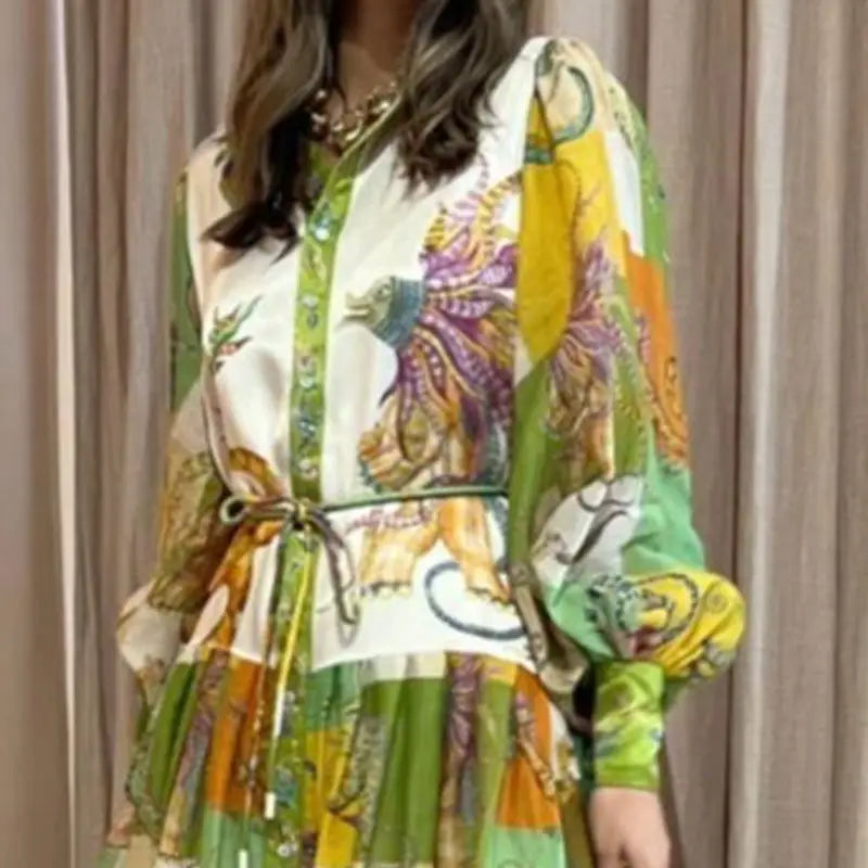 Print Holiday Women Beach Dress With Belts A-Line Long Lantern Sleeve Single Breasted Lapel Seaside Dresses Robe