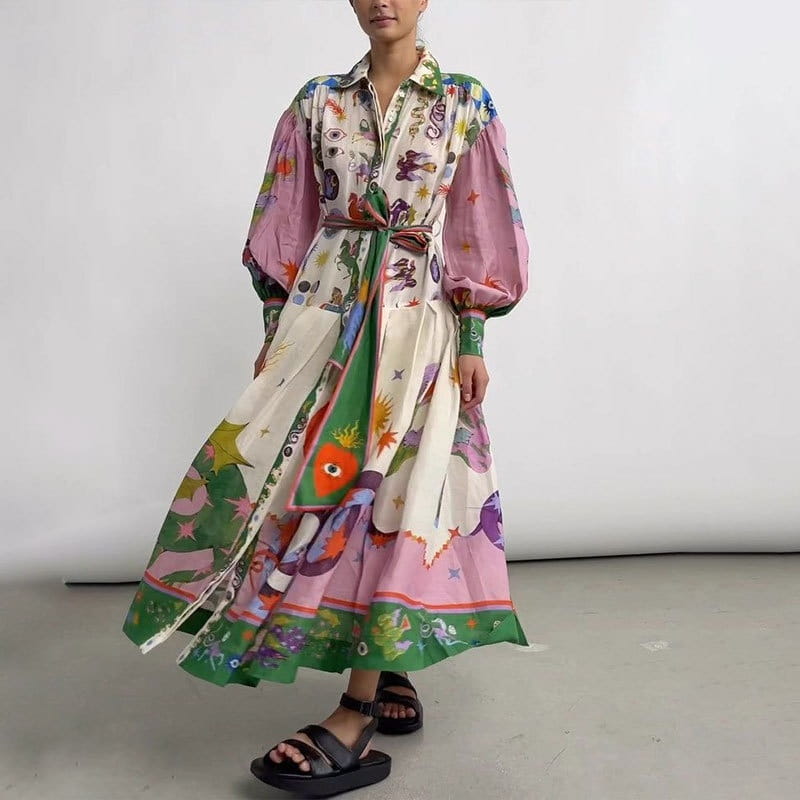 Print Holiday Women Beach Dress With Belts A-Line Long Lantern Sleeve Single Breasted Lapel Seaside Dresses Robe