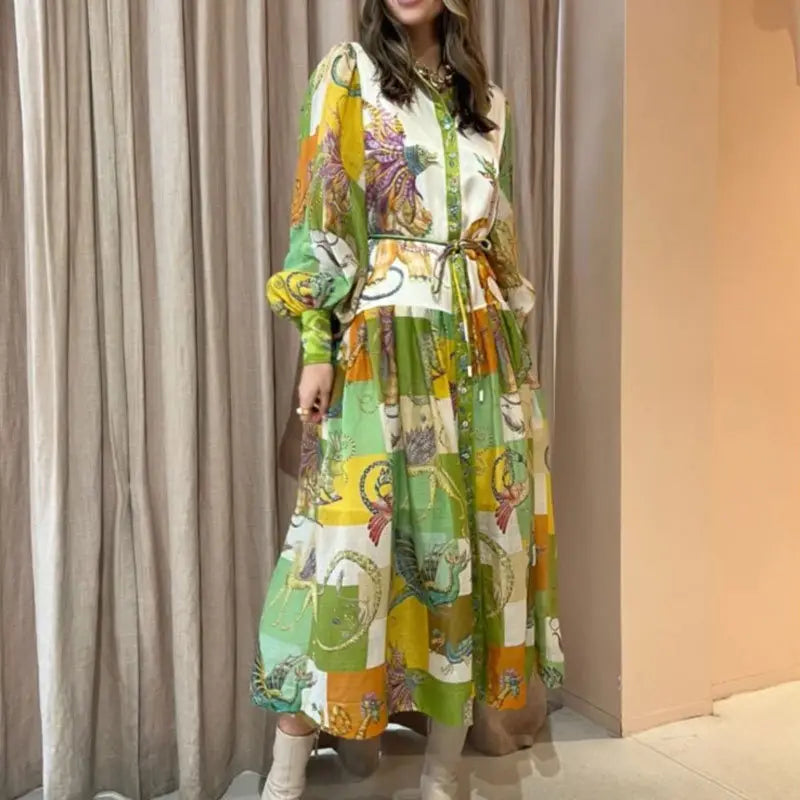 Print Holiday Women Beach Dress With Belts A-Line Long Lantern Sleeve Single Breasted Lapel Seaside Dresses Robe