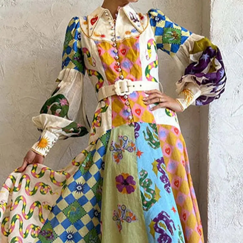 Print Holiday Women Beach Dress With Belts A-Line Long Lantern Sleeve Single Breasted Lapel Seaside Dresses Robe