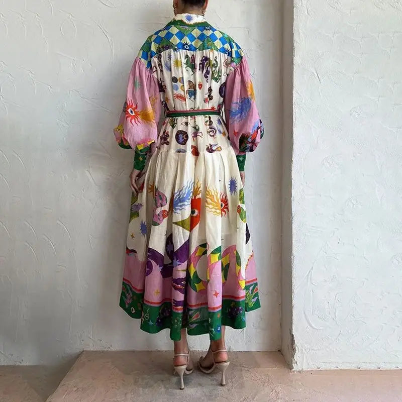 Print Holiday Women Beach Dress With Belts A-Line Long Lantern Sleeve Single Breasted Lapel Seaside Dresses Robe
