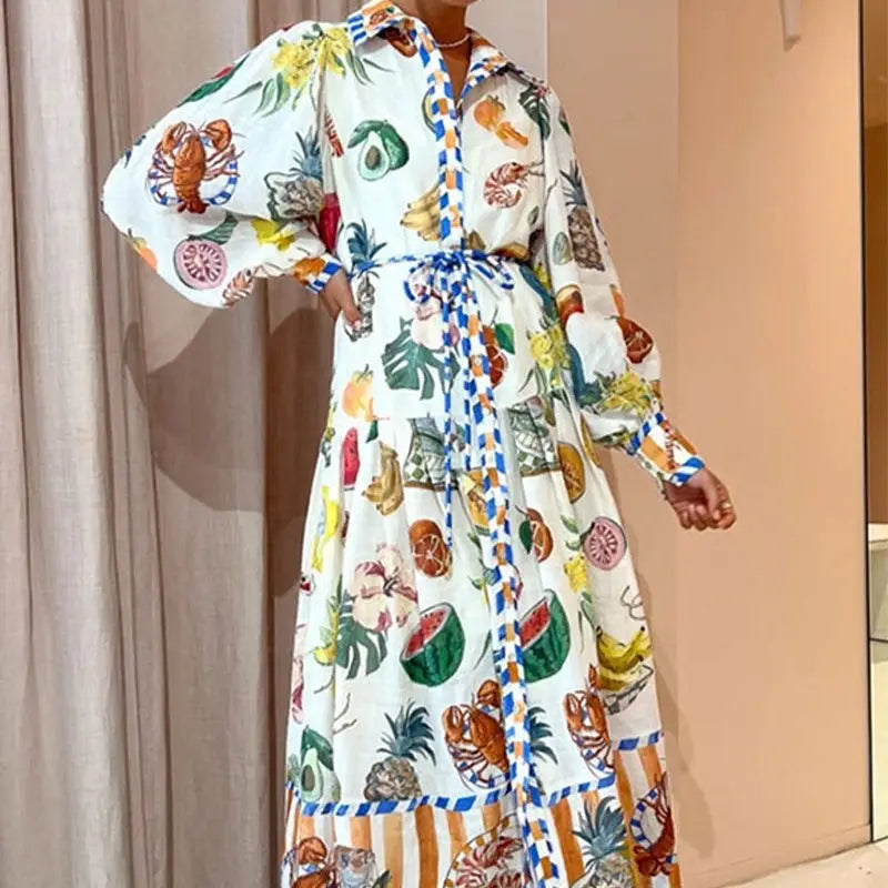 Print Holiday Women Beach Dress With Belts A-Line Long Lantern Sleeve Single Breasted Lapel Seaside Dresses Robe