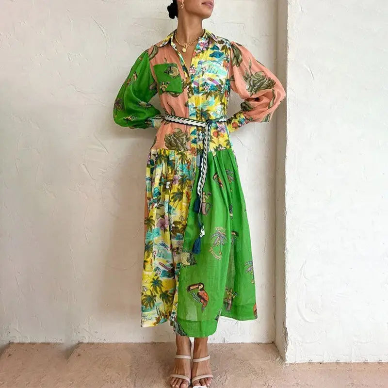Print Holiday Women Beach Dress With Belts A-Line Long Lantern Sleeve Single Breasted Lapel Seaside Dresses Robe