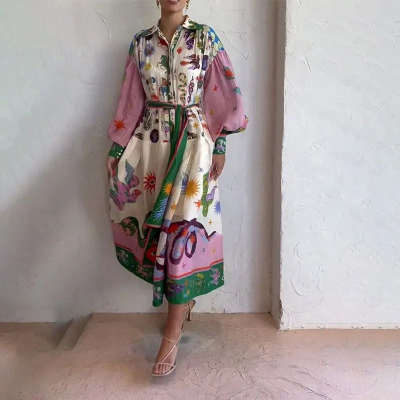 Print Holiday Women Beach Dress With Belts A-Line Long Lantern Sleeve Single Breasted Lapel Seaside Dresses Robe