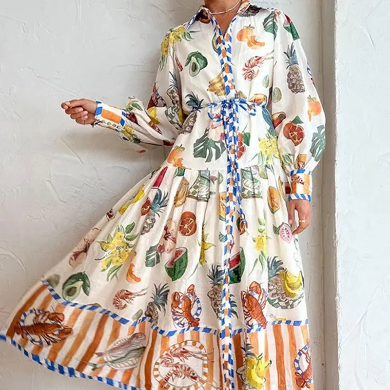 Print Holiday Women Beach Dress With Belts A-Line Long Lantern Sleeve Single Breasted Lapel Seaside Dresses Robe