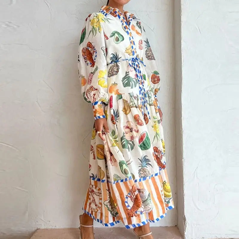 Print Holiday Women Beach Dress With Belts A-Line Long Lantern Sleeve Single Breasted Lapel Seaside Dresses Robe