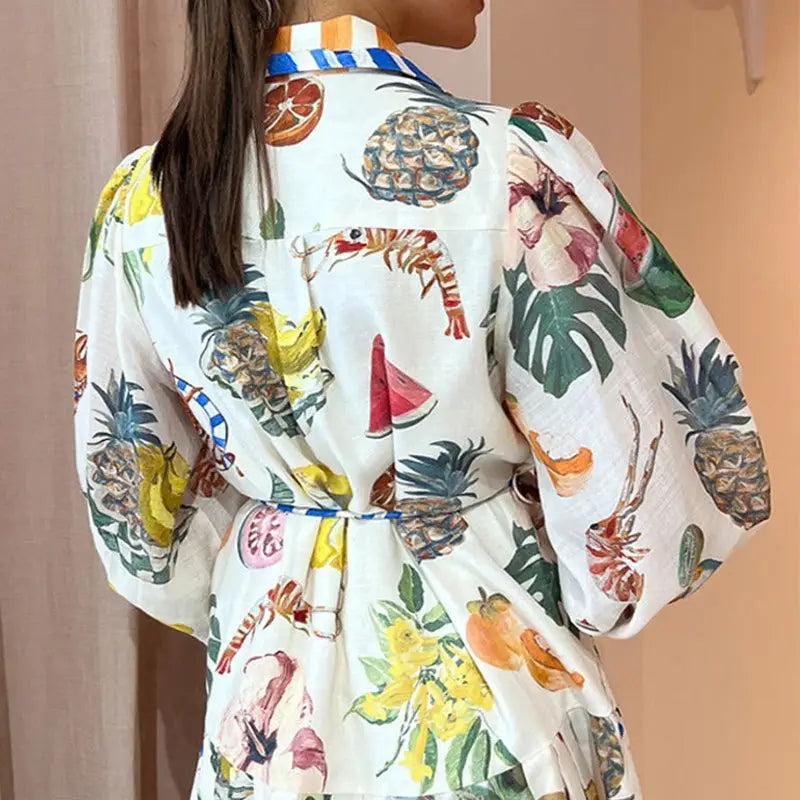 Print Holiday Women Beach Dress With Belts A-Line Long Lantern Sleeve Single Breasted Lapel Seaside Dresses Robe