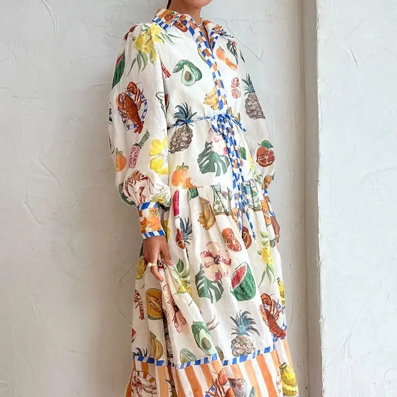 Print Holiday Women Beach Dress With Belts A-Line Long Lantern Sleeve Single Breasted Lapel Seaside Dresses Robe