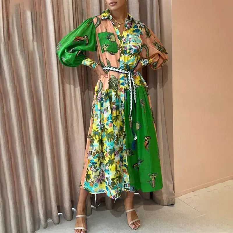 Print Holiday Women Beach Dress With Belts A-Line Long Lantern Sleeve Single Breasted Lapel Seaside Dresses Robe