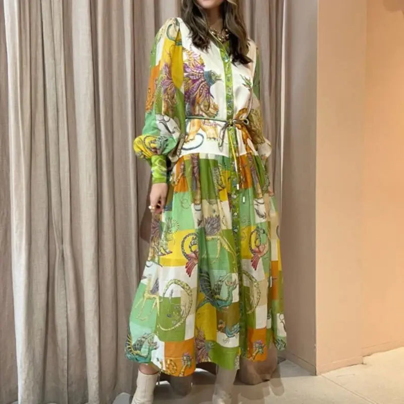 Print Holiday Women Beach Dress With Belts A-Line Long Lantern Sleeve Single Breasted Lapel Seaside Dresses Robe