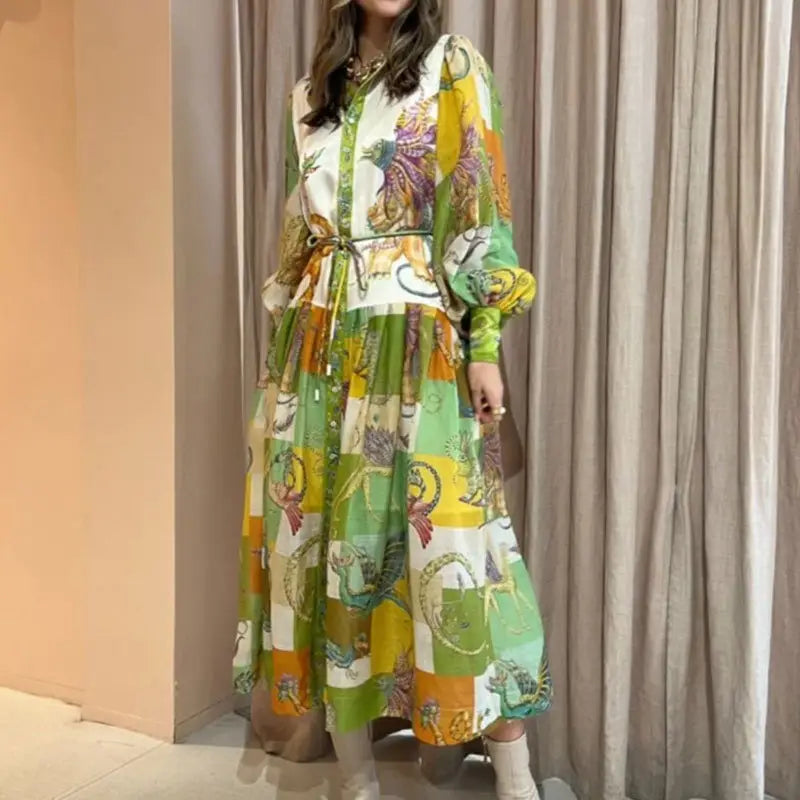 Print Holiday Women Beach Dress With Belts A-Line Long Lantern Sleeve Single Breasted Lapel Seaside Dresses Robe