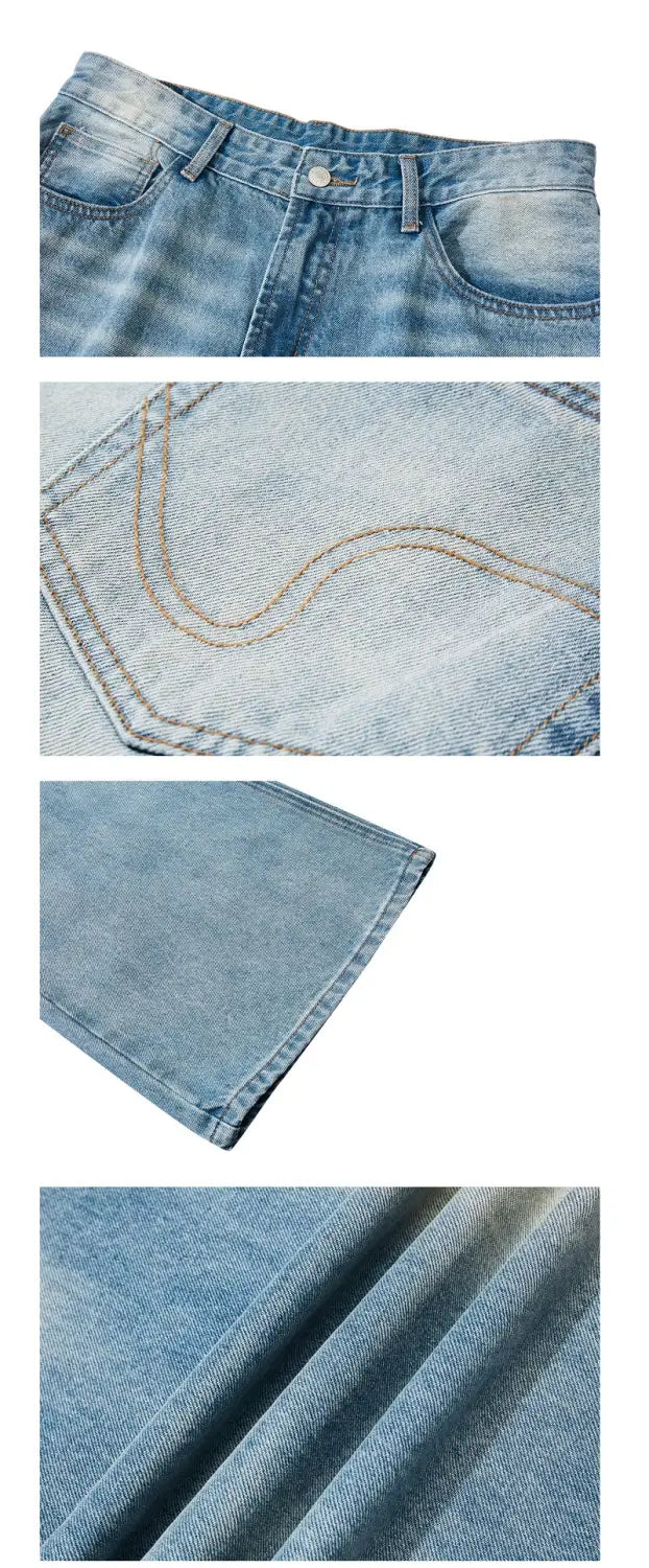 Vintage American Style Water Ripple Washed Blue Jeans For Men And Women