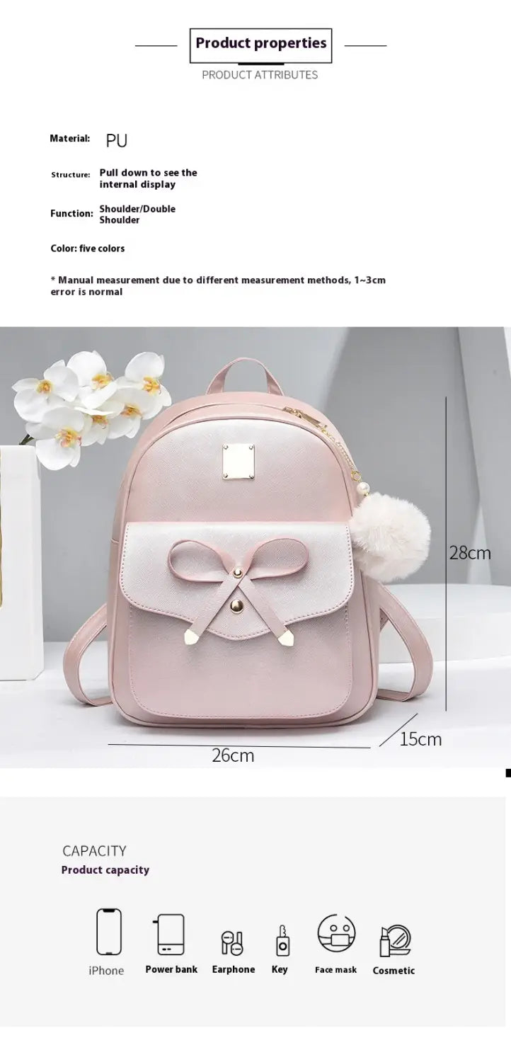 Fashion Women’s Bags PU Bow Composite Bag Young Girl Student Cute Shoulders Backpack Crossbody Bags Coin Purse 3pcs Set
