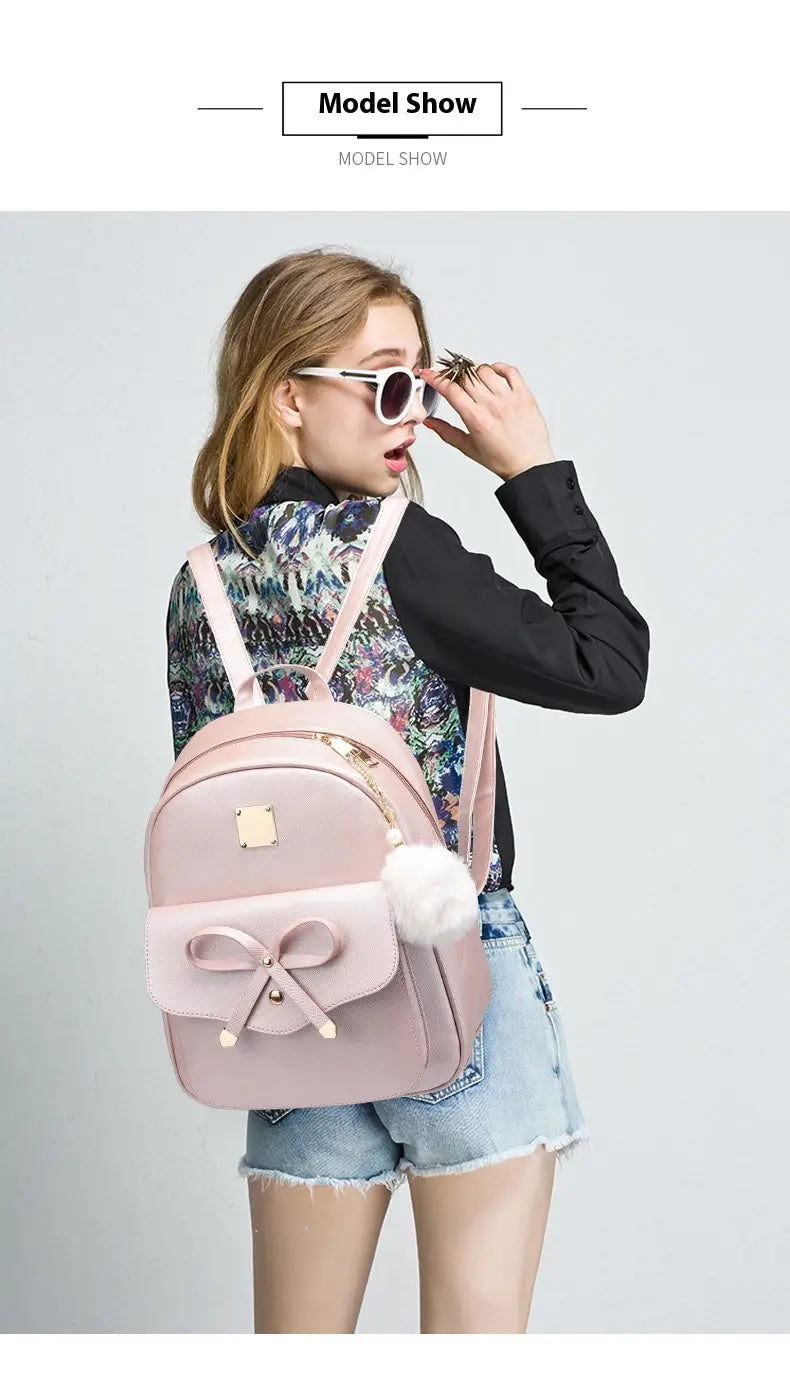 Fashion Women’s Bags PU Bow Composite Bag Young Girl Student Cute Shoulders Backpack Crossbody Bags Coin Purse 3pcs Set
