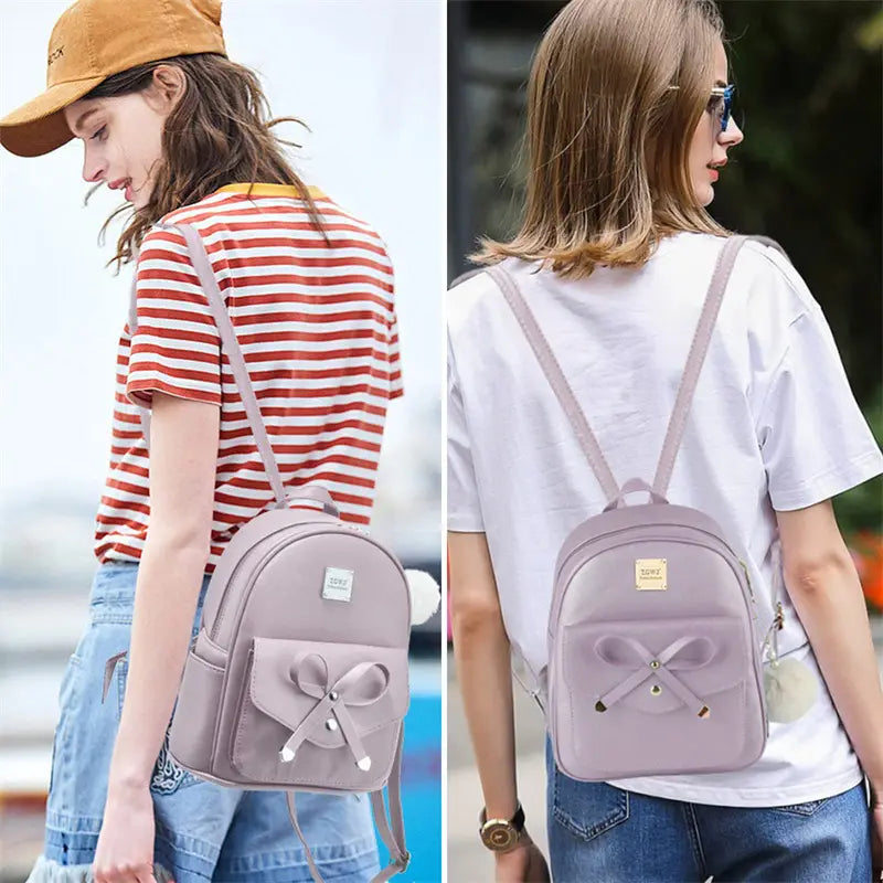 Fashion Women’s Bags PU Bow Composite Bag Young Girl Student Cute Shoulders Backpack Crossbody Bags Coin Purse 3pcs Set