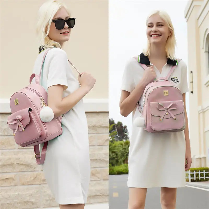 Fashion Women’s Bags PU Bow Composite Bag Young Girl Student Cute Shoulders Backpack Crossbody Bags Coin Purse 3pcs Set