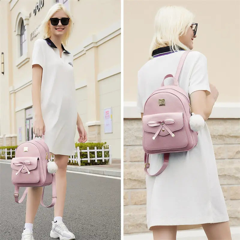 Fashion Women’s Bags PU Bow Composite Bag Young Girl Student Cute Shoulders Backpack Crossbody Bags Coin Purse 3pcs Set