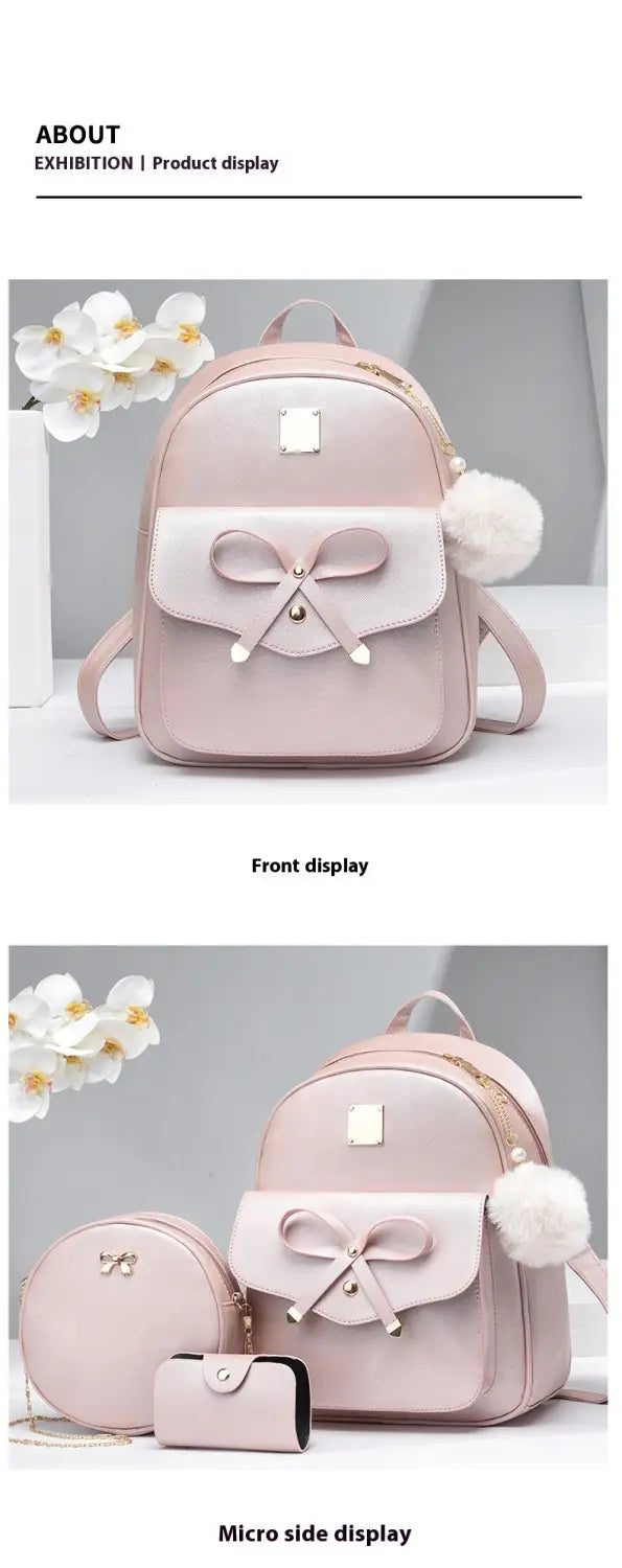 Fashion Women’s Bags PU Bow Composite Bag Young Girl Student Cute Shoulders Backpack Crossbody Bags Coin Purse 3pcs Set