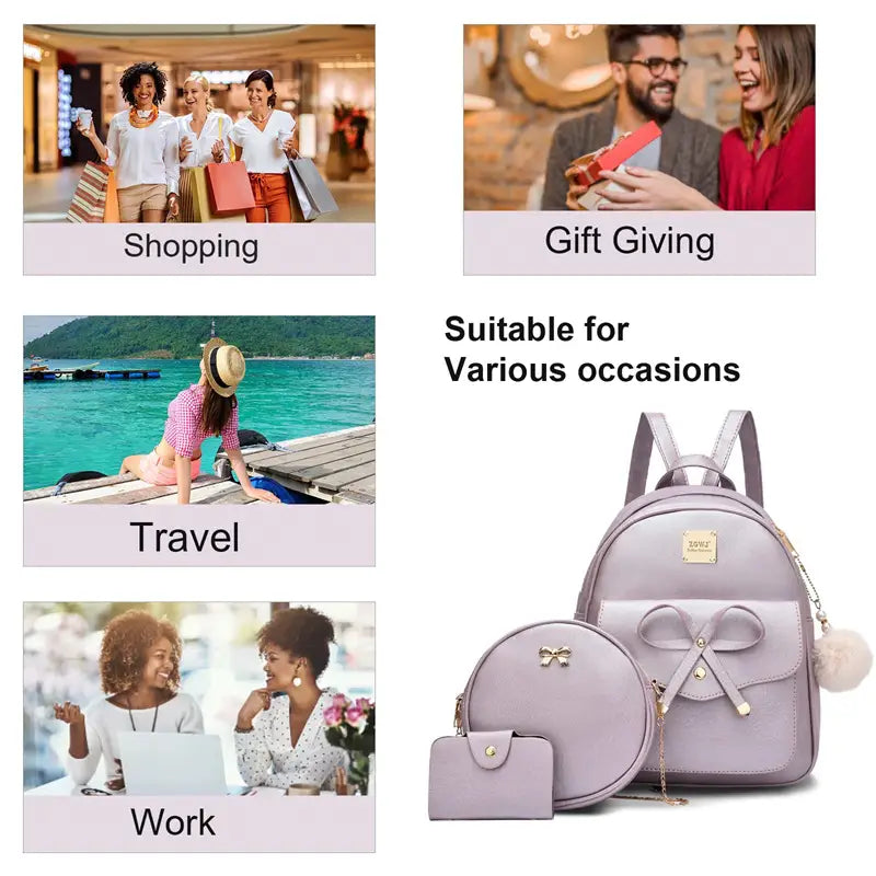 Fashion Women’s Bags PU Bow Composite Bag Young Girl Student Cute Shoulders Backpack Crossbody Bags Coin Purse 3pcs Set