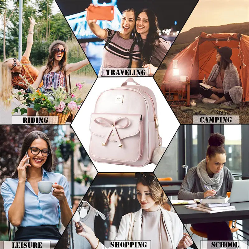Fashion Women’s Bags PU Bow Composite Bag Young Girl Student Cute Shoulders Backpack Crossbody Bags Coin Purse 3pcs Set