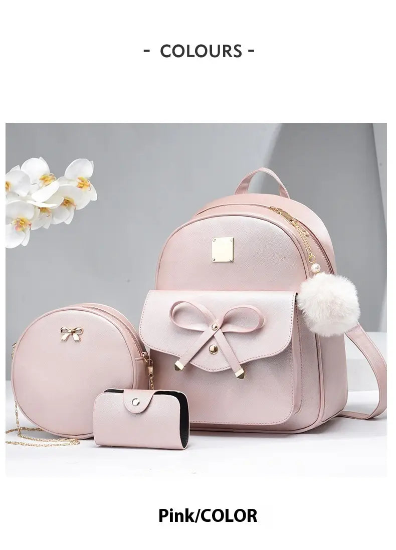 Fashion Women’s Bags PU Bow Composite Bag Young Girl Student Cute Shoulders Backpack Crossbody Bags Coin Purse 3pcs Set