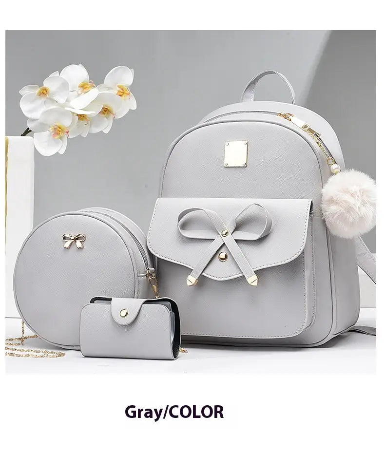 Fashion Women’s Bags PU Bow Composite Bag Young Girl Student Cute Shoulders Backpack Crossbody Bags Coin Purse 3pcs Set