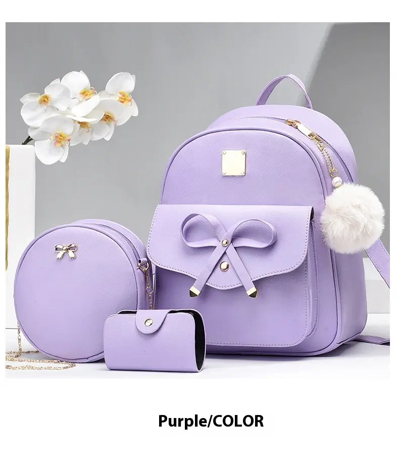 Fashion Women’s Bags PU Bow Composite Bag Young Girl Student Cute Shoulders Backpack Crossbody Bags Coin Purse 3pcs Set